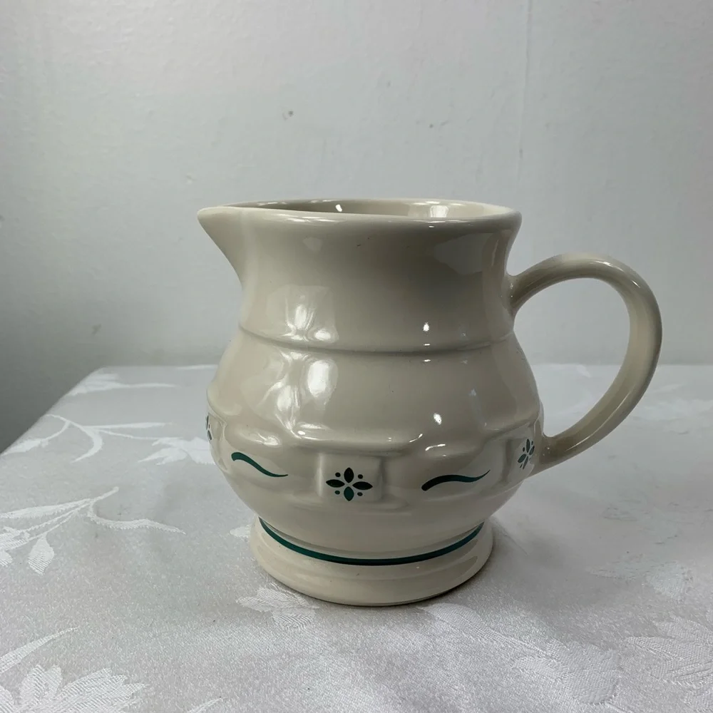 Longaberger Pottery Pitcher White and green 6”Tall